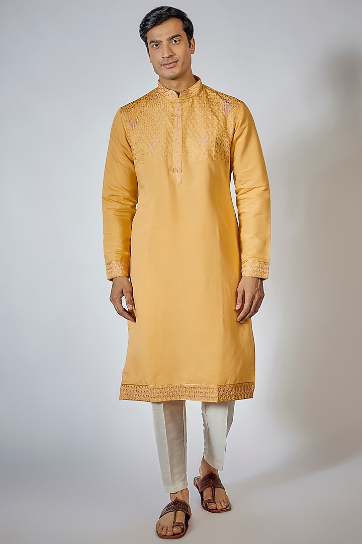 Yellow Cotton Silk Embroidered Kurta Set by RNG Safawala Men