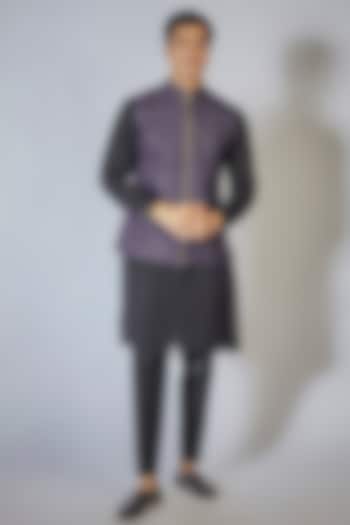 Purple Poly Viscose Embroidered Bundi Jacket Set by RNG Safawala Men