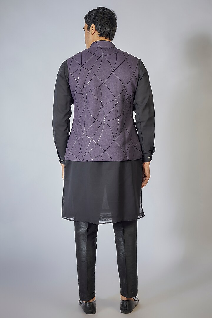 Purple Poly Viscose Sequins Embroidered Bundi Jacket Set by RNG Safawala Men at Pernia's Pop Up Shop