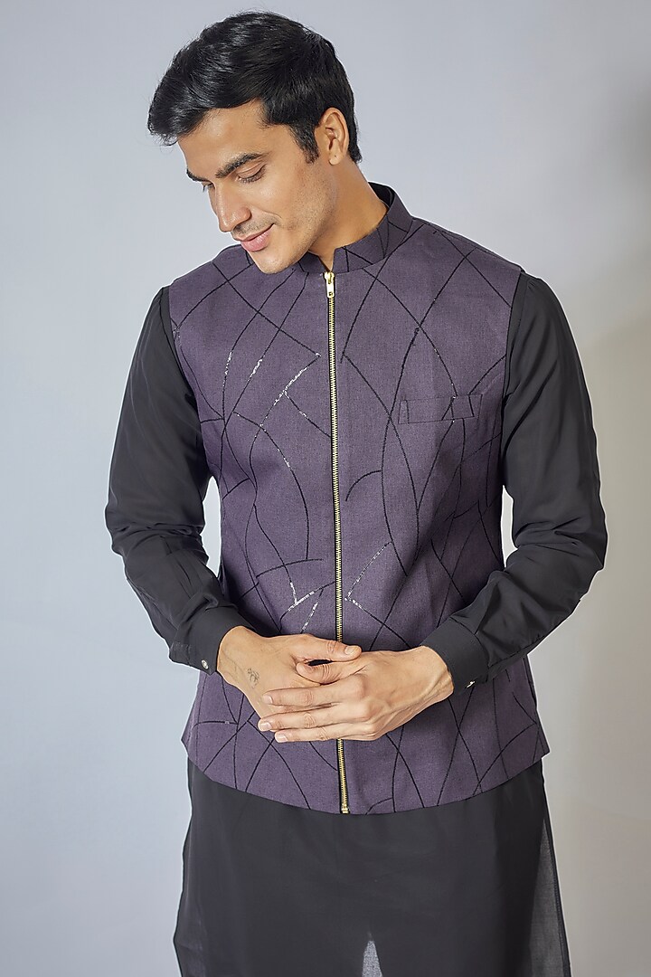 Purple Poly Viscose Sequins Embroidered Bundi Jacket Set by RNG Safawala Men at Pernia's Pop Up Shop