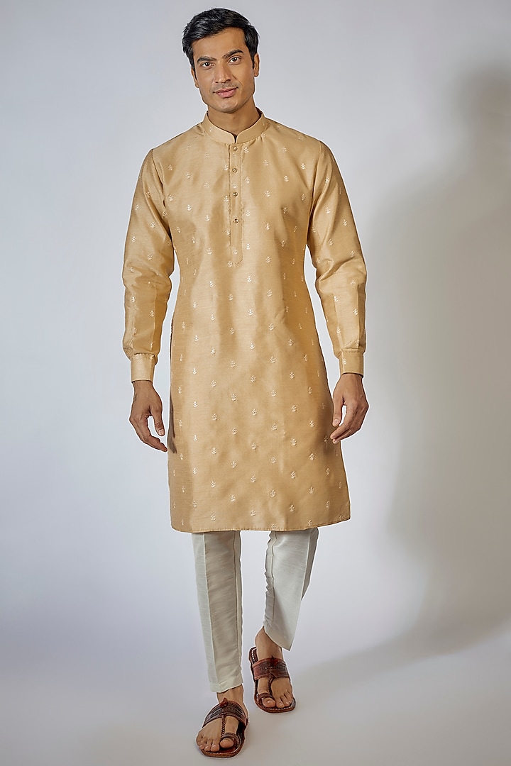 Beige Cotton Silk Embroidered Kurta Set by RNG Safawala Men