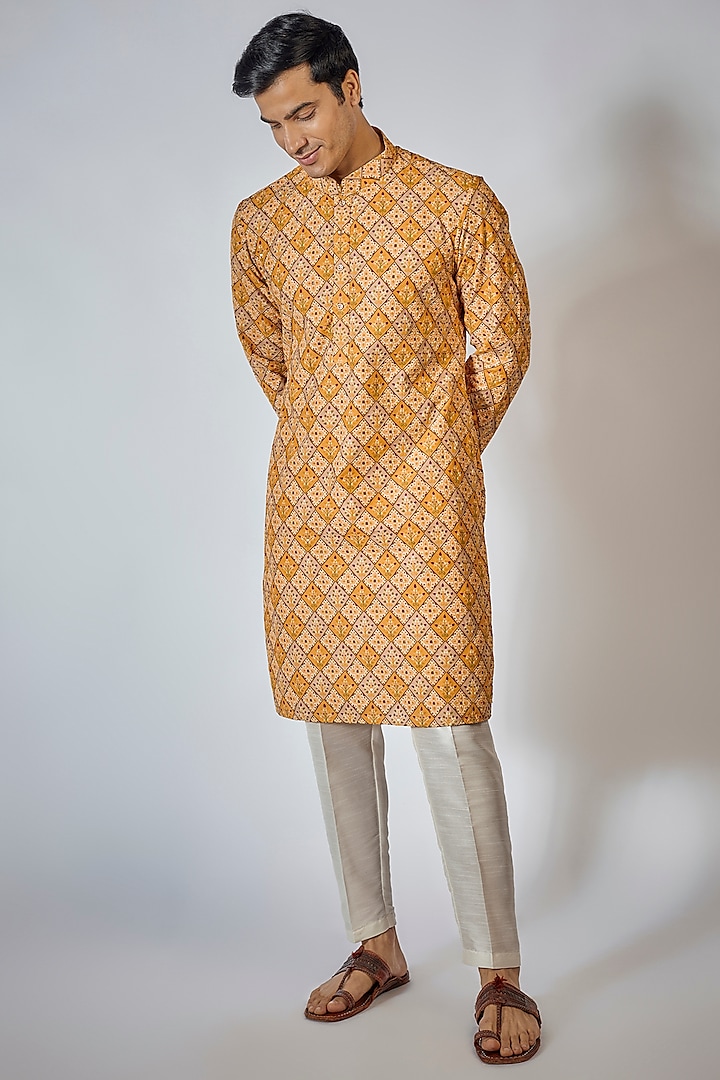Orange Dupion Silk Printed Kurta Set by RNG Safawala Men