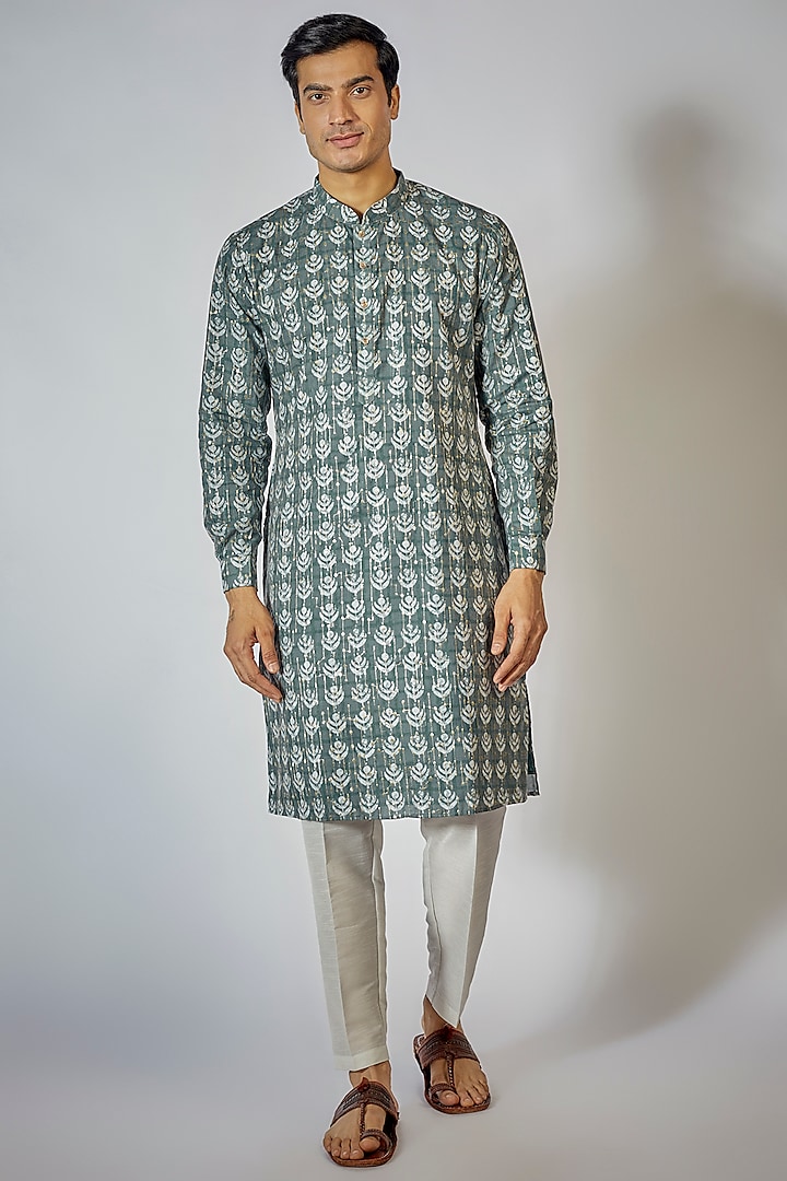 Grey Cotton Silk Printed Kurta Set by RNG Safawala Men