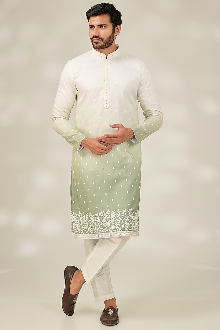 Pista Green Ombre Cotton Silk Mirror Embroidered Kurta Set by RNG Safawala Men at Pernia's Pop Up Shop