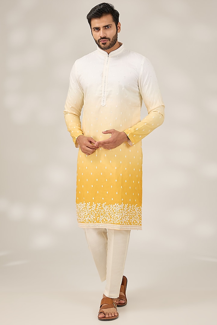 Yellow Ombre Cotton Silk Mirror Embroidered Kurta Set by RNG Safawala Men