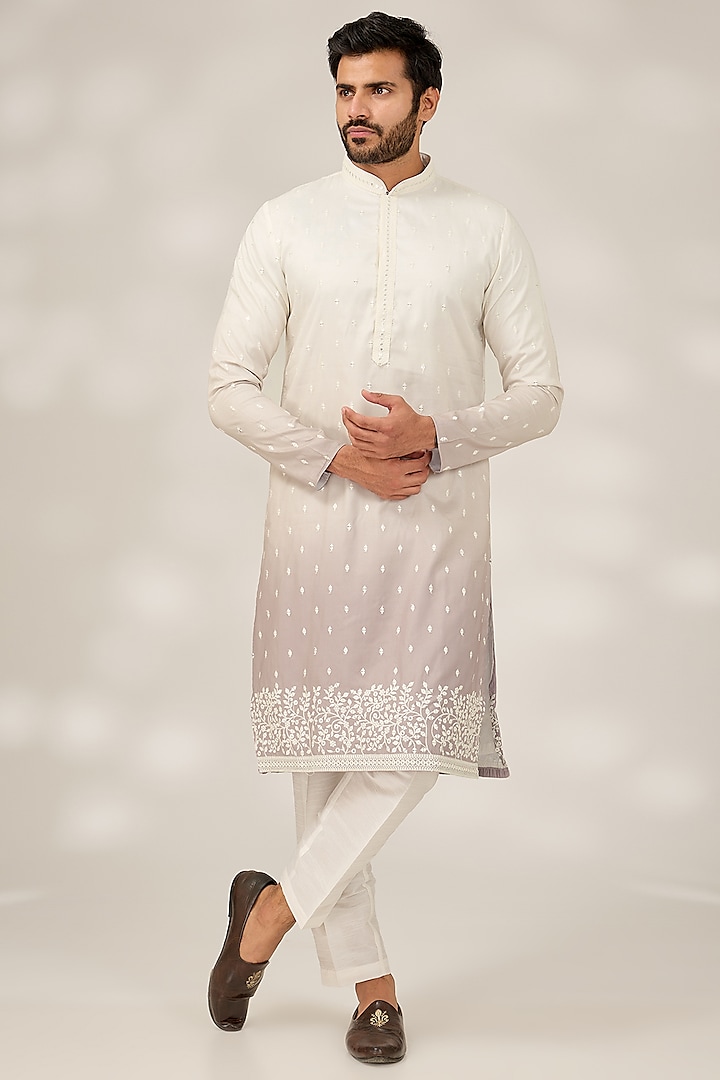 Mauve Pink Ombre Cotton Silk Mirror Embroidered Kurta Set by RNG Safawala Men