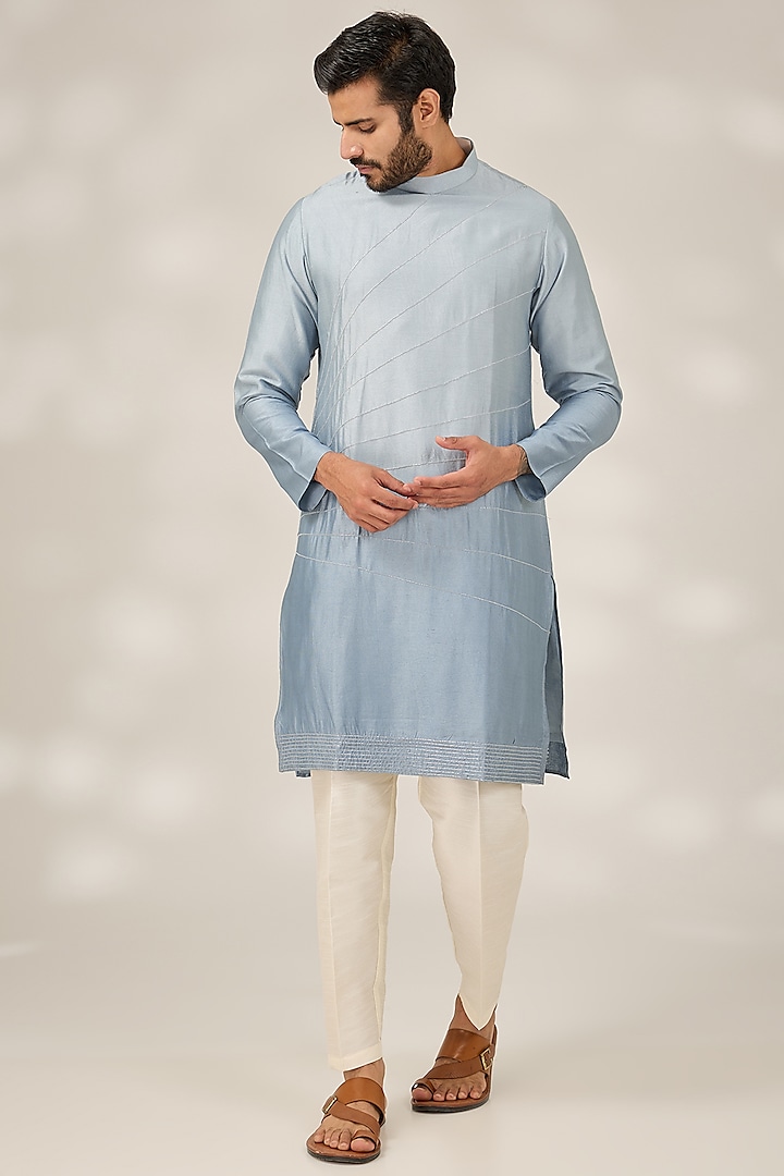 Powder Blue Ombre Cotton Silk Cutdana Embroidered Kurta Set by RNG Safawala Men