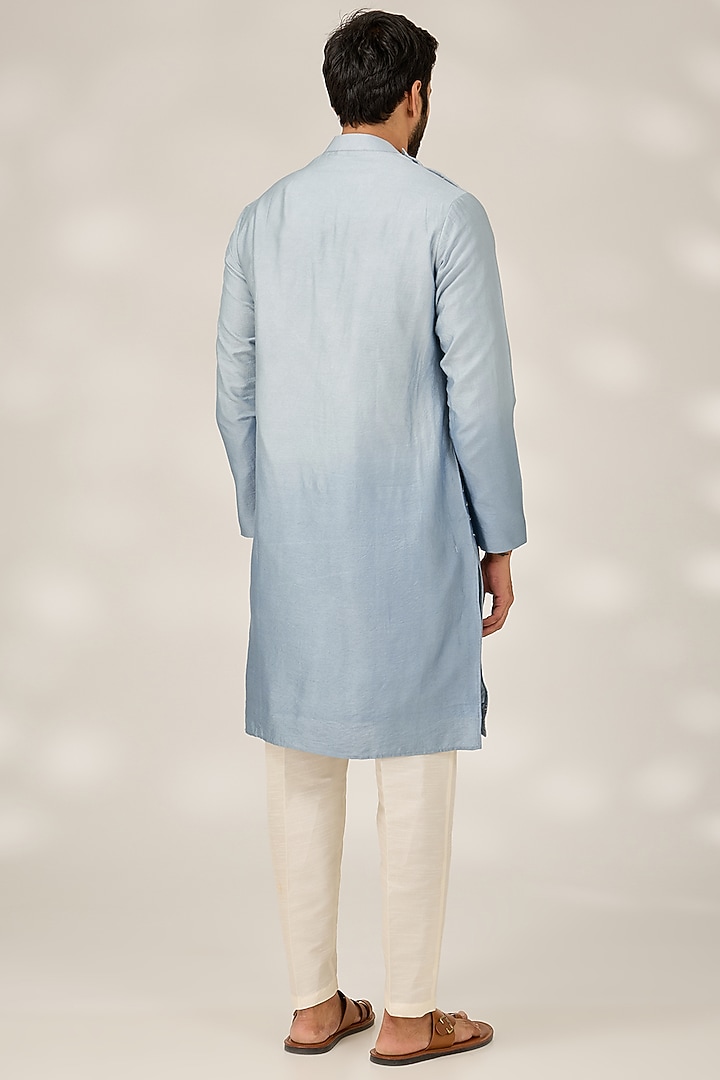 Powder Blue Ombre Cotton Silk Cutdana Embroidered Kurta Set by RNG Safawala Men at Pernia's Pop Up Shop