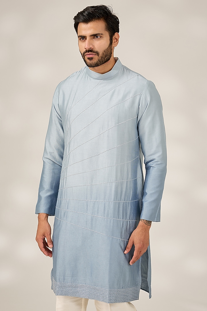 Powder Blue Ombre Cotton Silk Cutdana Embroidered Kurta Set by RNG Safawala Men at Pernia's Pop Up Shop
