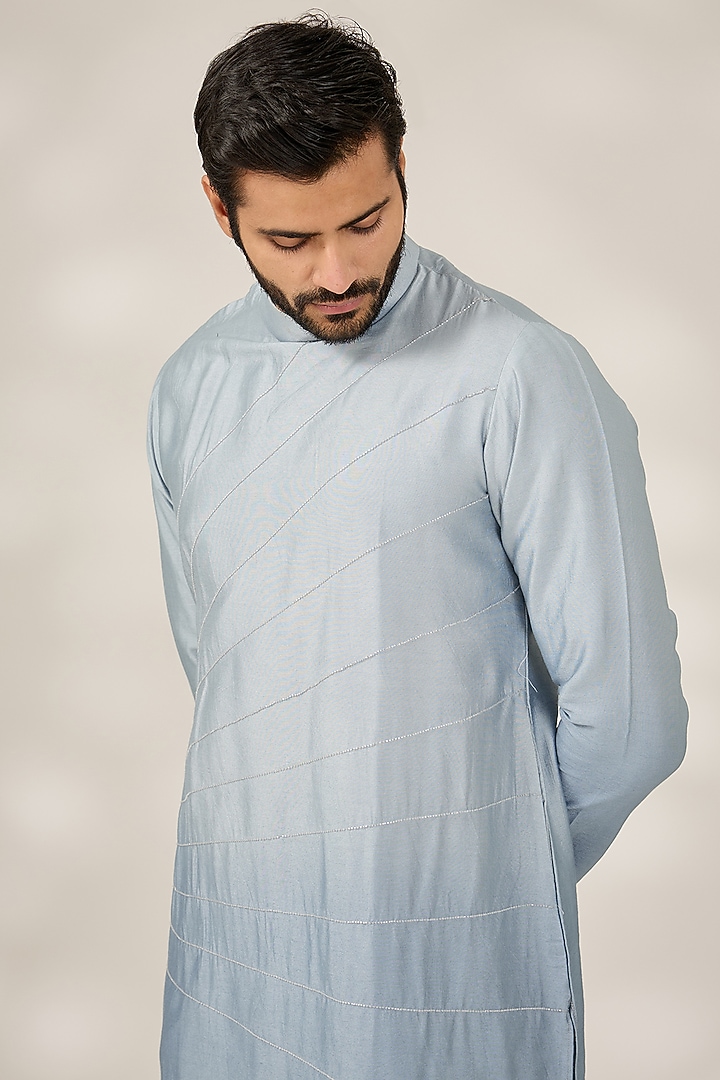 Powder Blue Ombre Cotton Silk Cutdana Embroidered Kurta Set by RNG Safawala Men at Pernia's Pop Up Shop