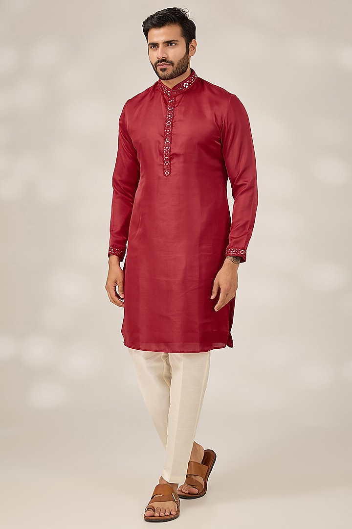 Cherry Red Slub Silk Mirror Embroidered Kurta Set by RNG Safawala Men