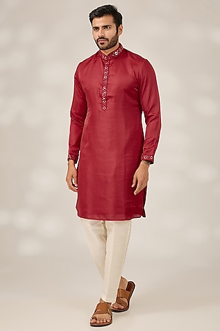 Cherry Red Slub Silk Mirror Embroidered Kurta Set by RNG Safawala Men