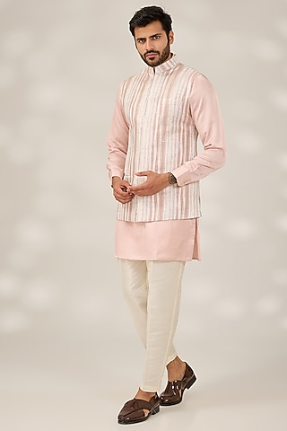 Pink Terry Silk Geometric Stripe & Sequins Embroidered Nehru Jacket Set by RNG Safawala Men