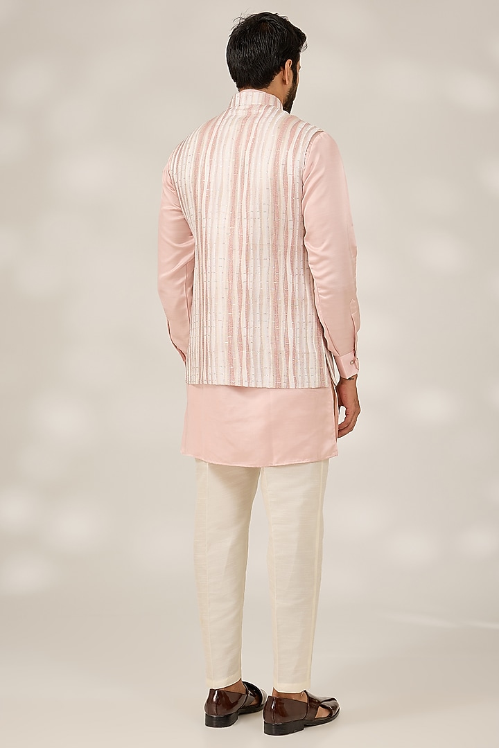 Pink Terry Silk Geometric Stripe & Sequins Embroidered Nehru Jacket Set by RNG Safawala Men at Pernia's Pop Up Shop