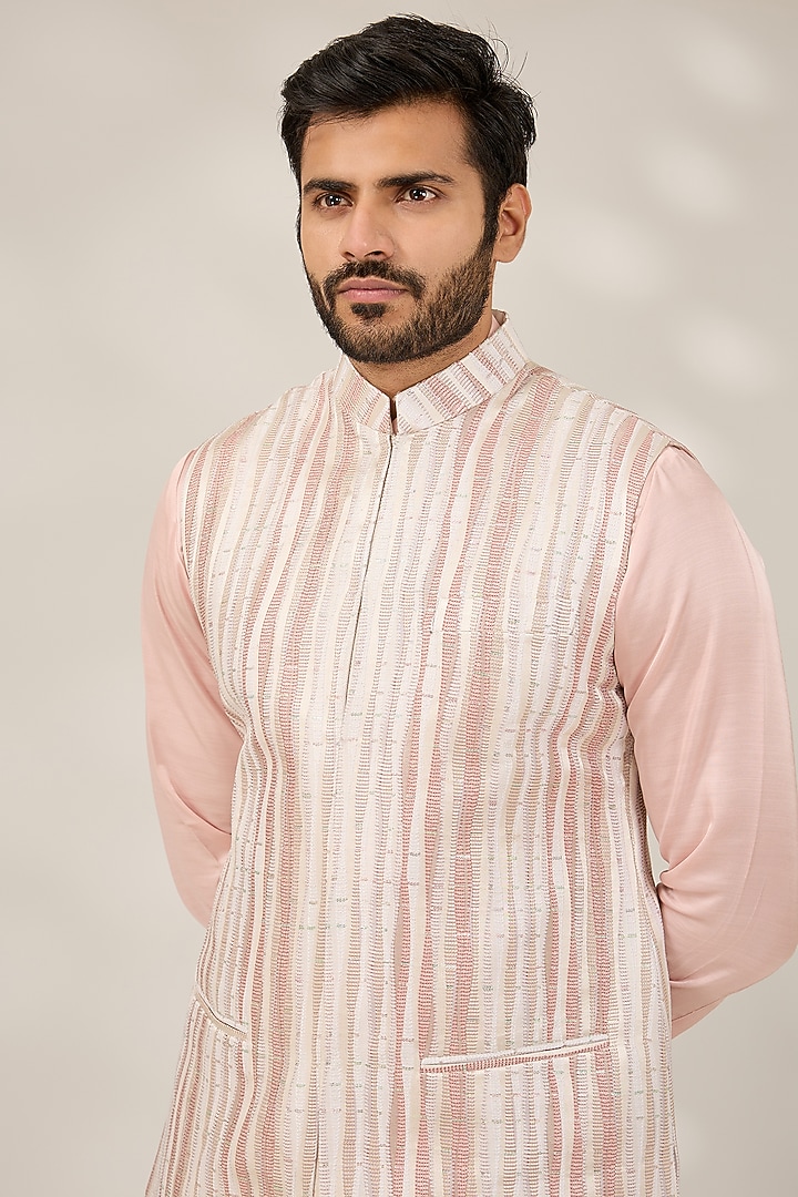 Pink Terry Silk Geometric Stripe & Sequins Embroidered Nehru Jacket Set by RNG Safawala Men at Pernia's Pop Up Shop