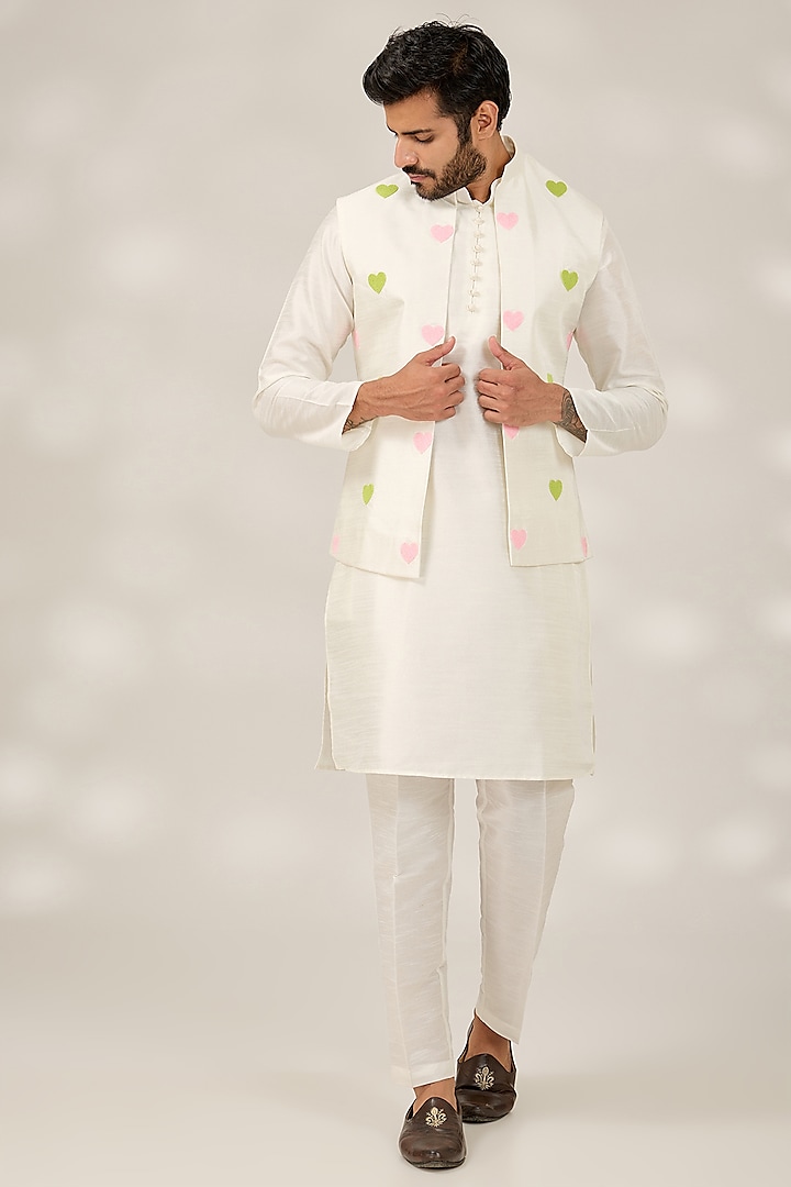 Off-White Raw Silk Embroidered Nehru Jacket Set by RNG Safawala Men