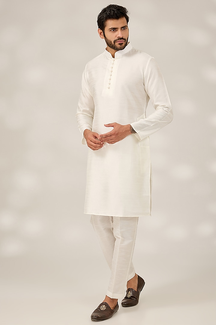 Off-White Raw Silk Embroidered Nehru Jacket Set by RNG Safawala Men at Pernia's Pop Up Shop