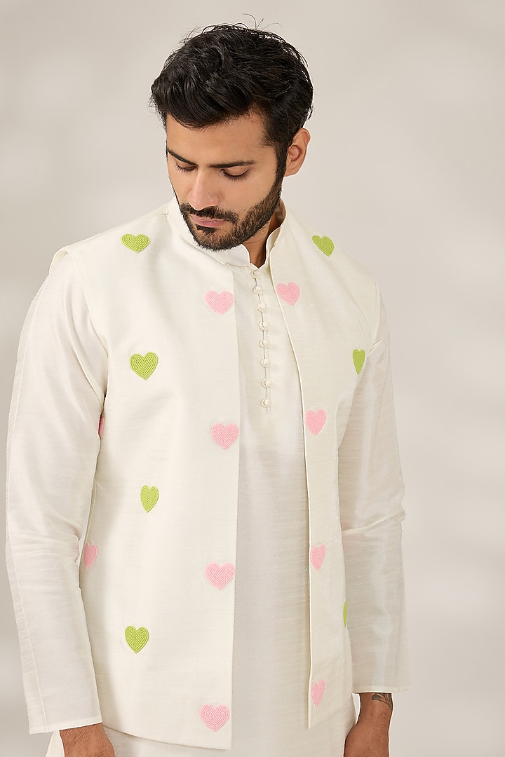 Off-White Raw Silk Embroidered Nehru Jacket Set by RNG Safawala Men at Pernia's Pop Up Shop