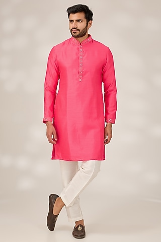Fuchsia Slub Silk Mirror Embroidered Kurta Set by RNG Safawala Men