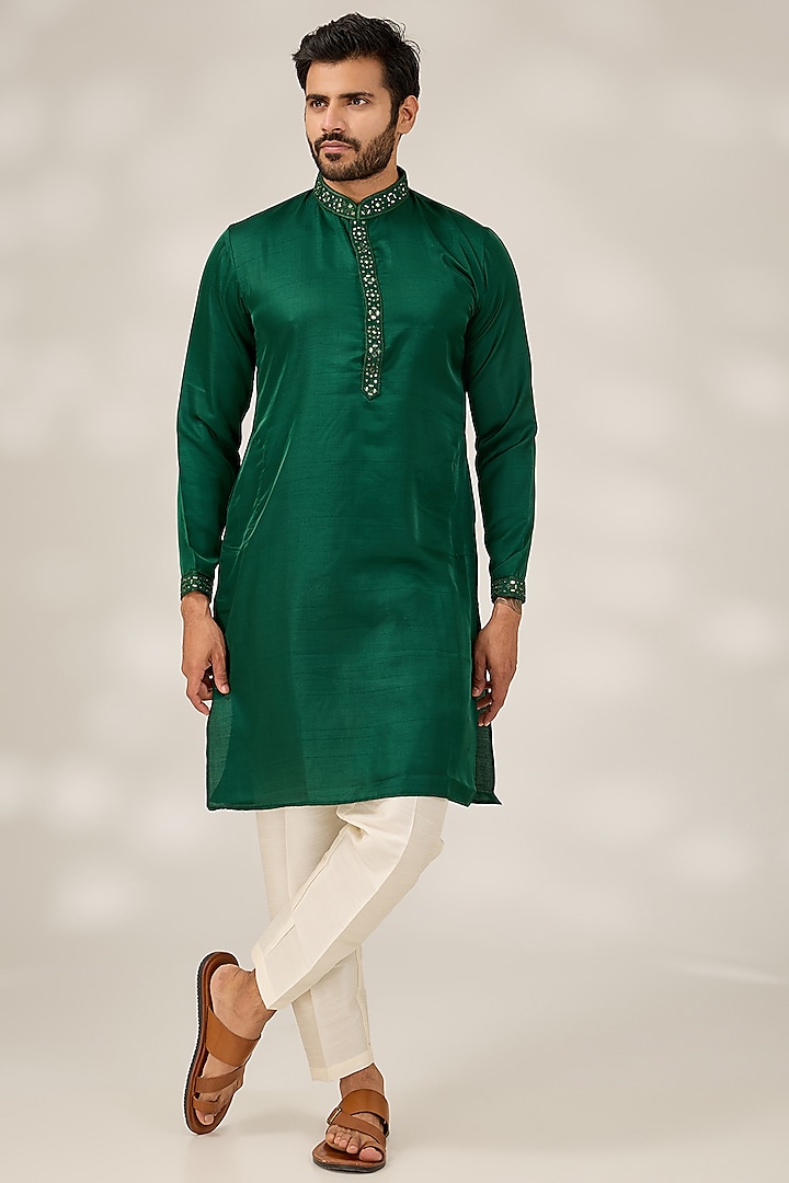 Bottle Green Slub Silk Mirror Embroidered Kurta Set by RNG Safawala Men at Pernia's Pop Up Shop