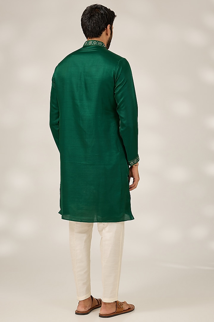 Bottle Green Slub Silk Mirror Embroidered Kurta Set by RNG Safawala Men at Pernia's Pop Up Shop