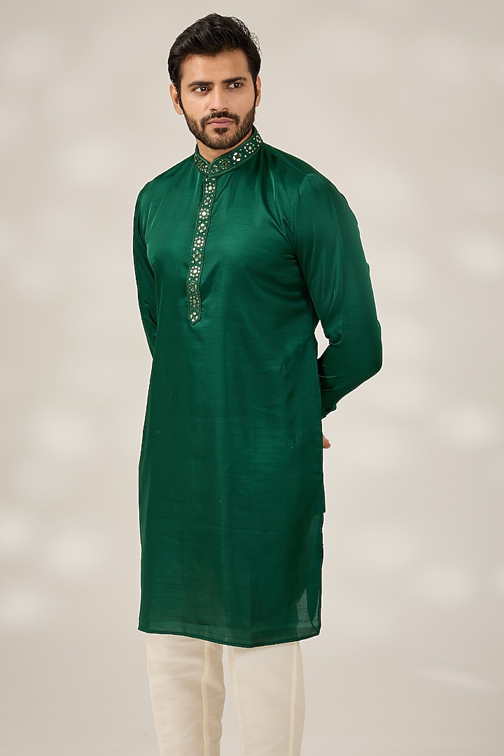 Bottle Green Slub Silk Mirror Embroidered Kurta Set by RNG Safawala Men at Pernia's Pop Up Shop
