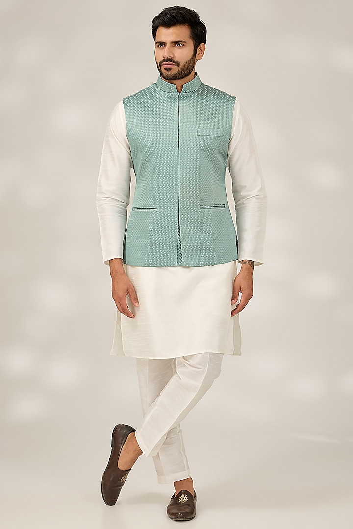 Teal Blue Terry Silk Quilted Nehru Jacket Set by RNG Safawala Men