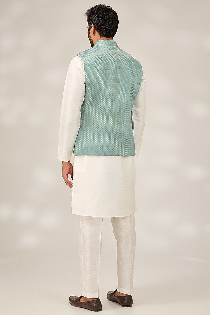 Teal Blue Terry Silk Quilted Nehru Jacket Set by RNG Safawala Men at Pernia's Pop Up Shop