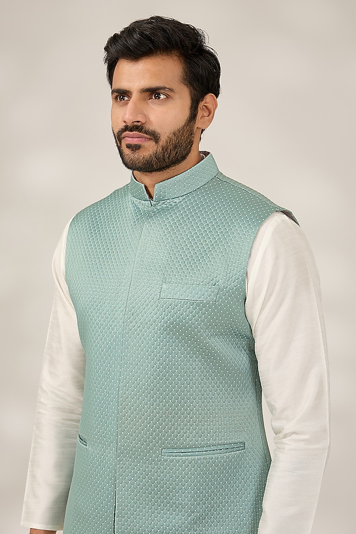 Teal Blue Terry Silk Quilted Nehru Jacket Set by RNG Safawala Men at Pernia's Pop Up Shop