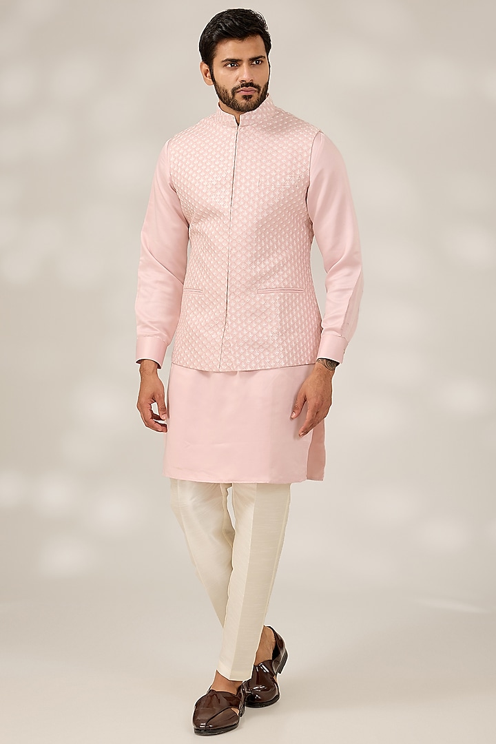 Baby Pink Raw Silk Thread & Sequins Embroidered Nehru Jacket Set by RNG Safawala Men