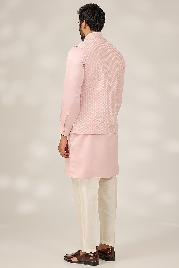 Baby Pink Raw Silk Thread & Sequins Embroidered Nehru Jacket Set by RNG Safawala Men at Pernia's Pop Up Shop