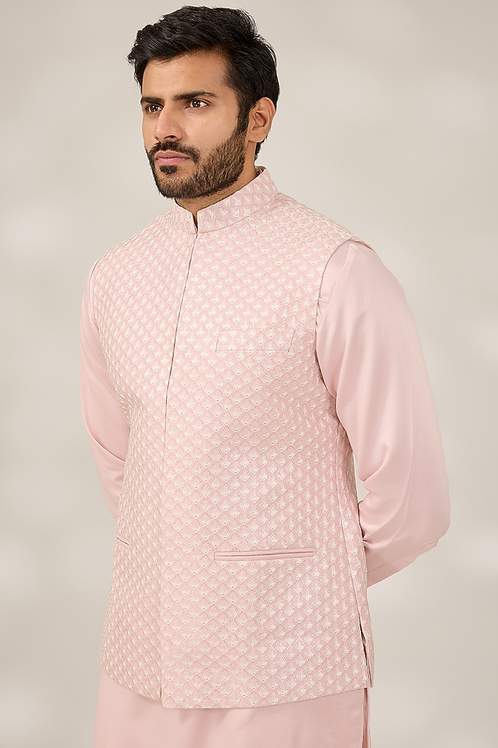 Baby Pink Raw Silk Thread & Sequins Embroidered Nehru Jacket Set by RNG Safawala Men at Pernia's Pop Up Shop