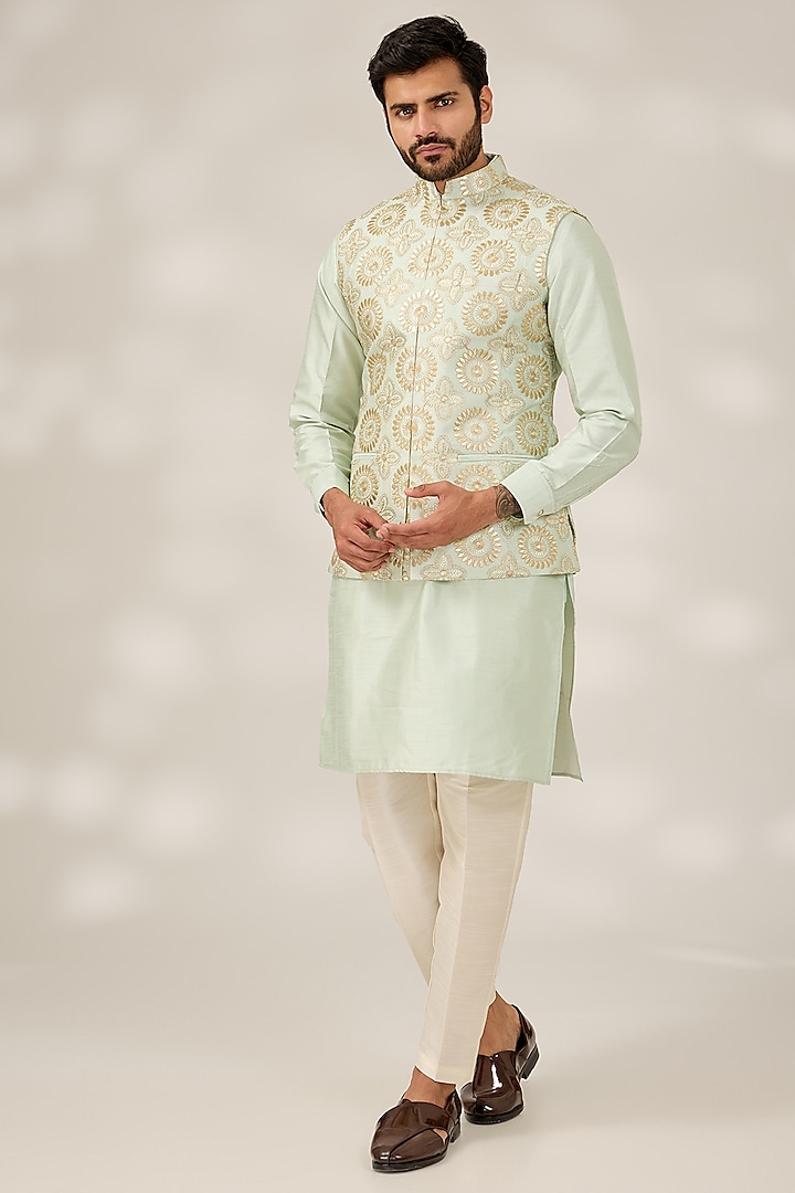 Sea Green Raw Silk Gota Motif Embroidered Nehru Jacket Set by RNG Safawala Men