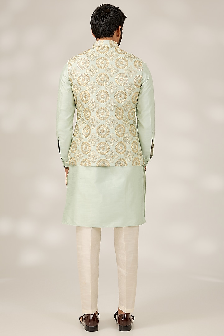 Sea Green Raw Silk Gota Motif Embroidered Nehru Jacket Set by RNG Safawala Men at Pernia's Pop Up Shop
