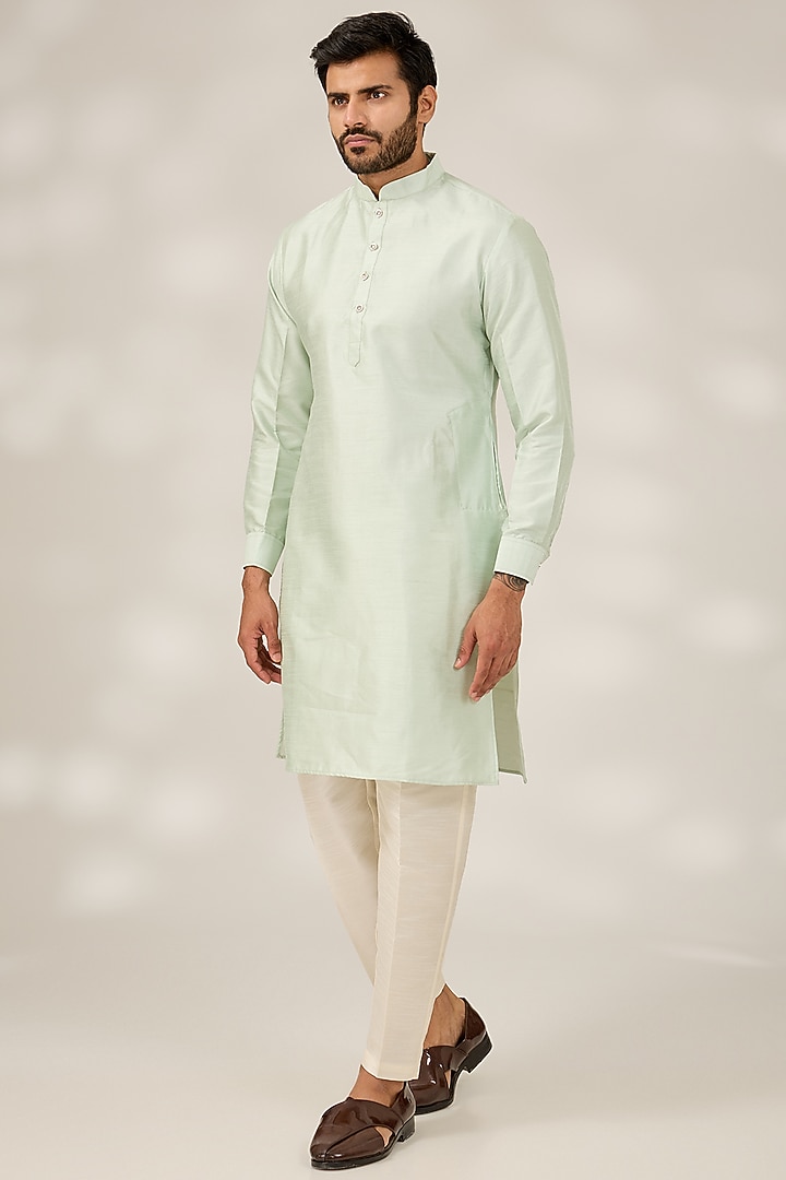 Sea Green Raw Silk Gota Motif Embroidered Nehru Jacket Set by RNG Safawala Men at Pernia's Pop Up Shop