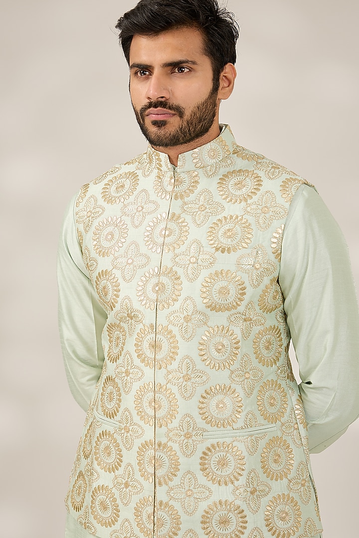 Sea Green Raw Silk Gota Motif Embroidered Nehru Jacket Set by RNG Safawala Men at Pernia's Pop Up Shop