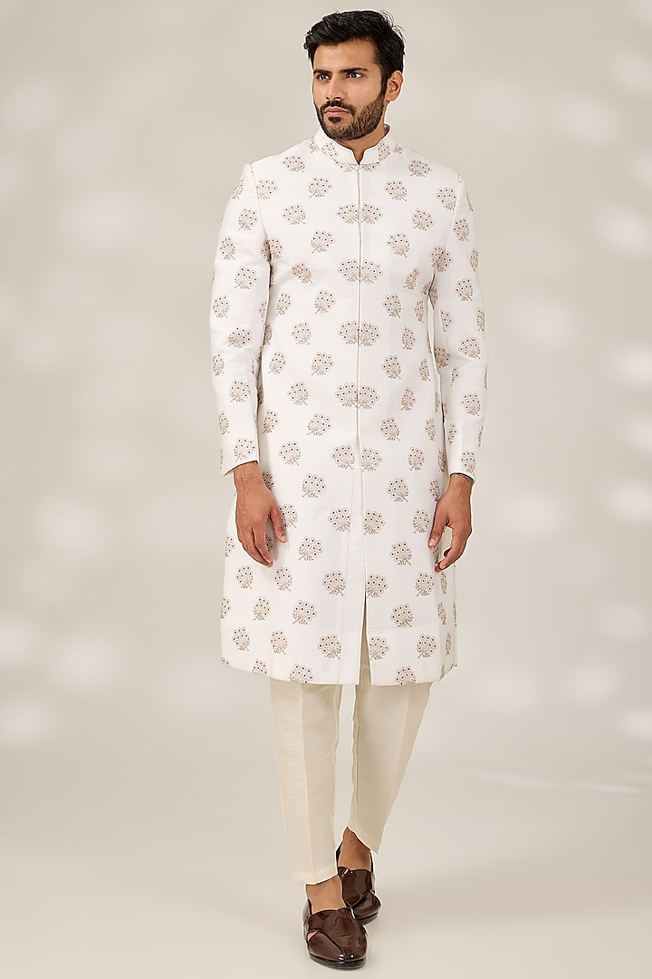 Off-White Raw Silk Zari Embroidered Sherwani Set by RNG Safawala Men