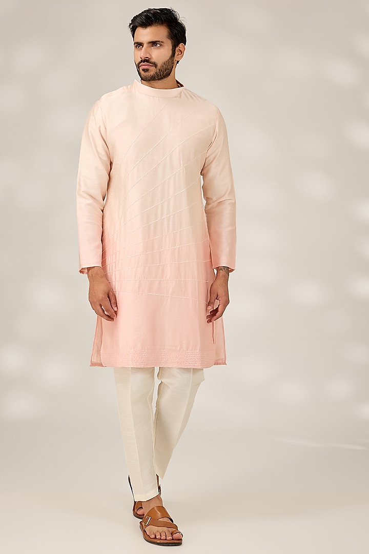 Peach Ombre Cotton Silk Cutdana Embroidered Kurta Set by RNG Safawala Men