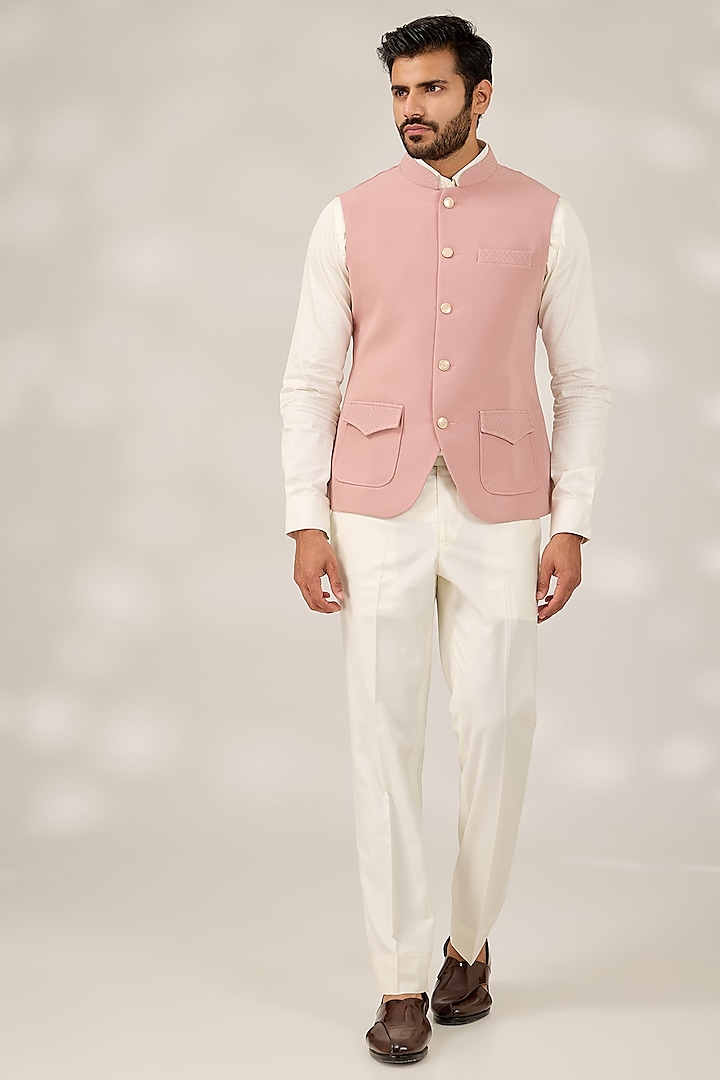 Dusty Pink Terry Silk Nehru Jacket Set by RNG Safawala Men