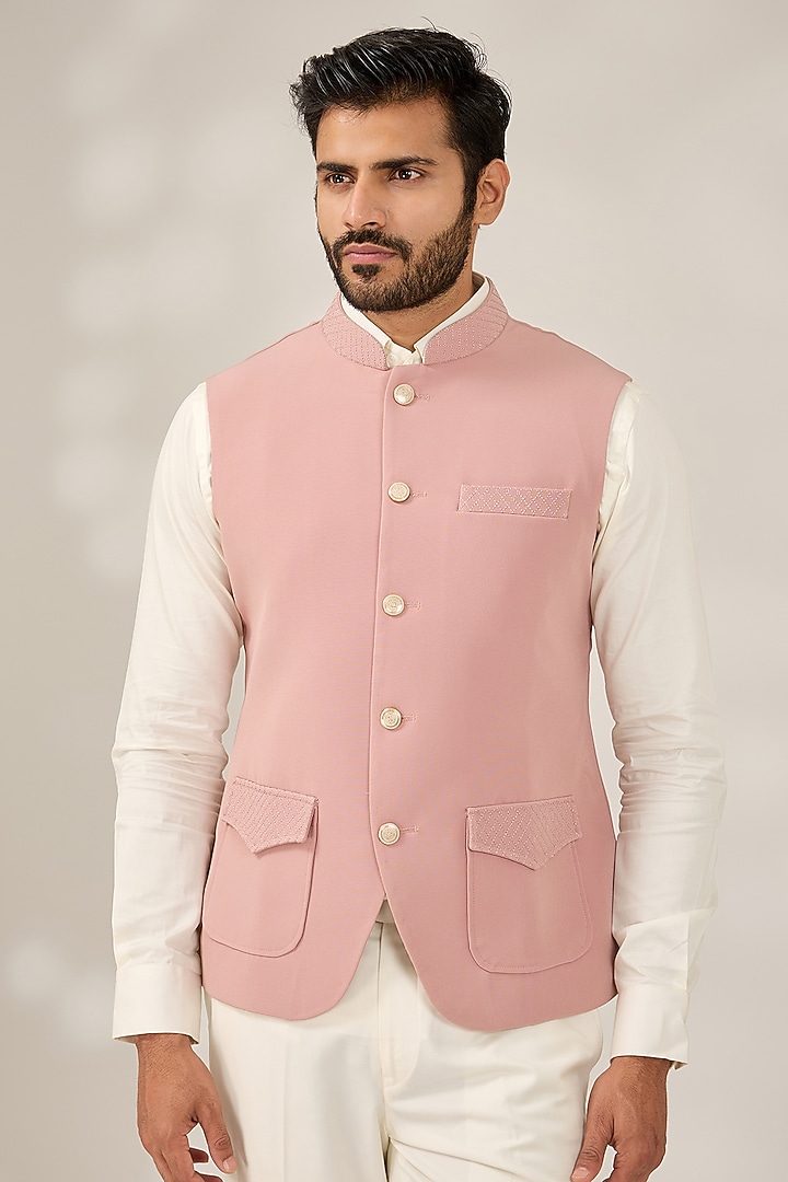 Dusty Pink Terry Silk Nehru Jacket Set by RNG Safawala Men at Pernia's Pop Up Shop