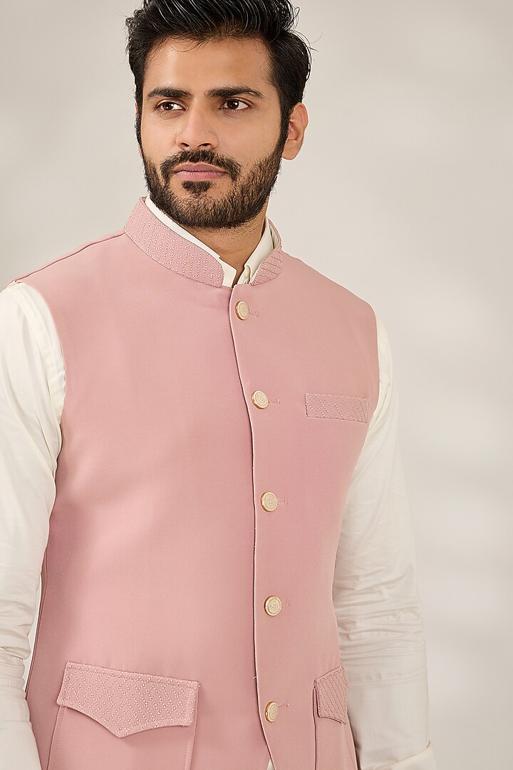 Dusty Pink Terry Silk Nehru Jacket Set by RNG Safawala Men at Pernia's Pop Up Shop