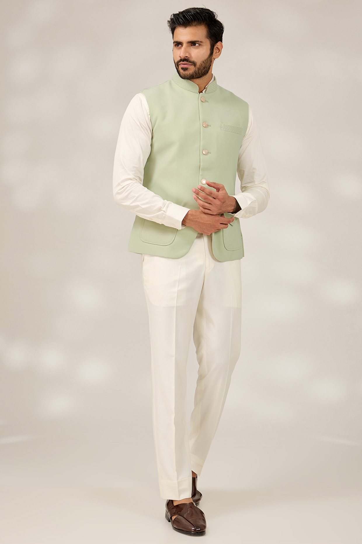 Pista Green Terry Silk Nehru Jacket Set by RNG Safawala Men at Pernia s Pop Up Shop 2024