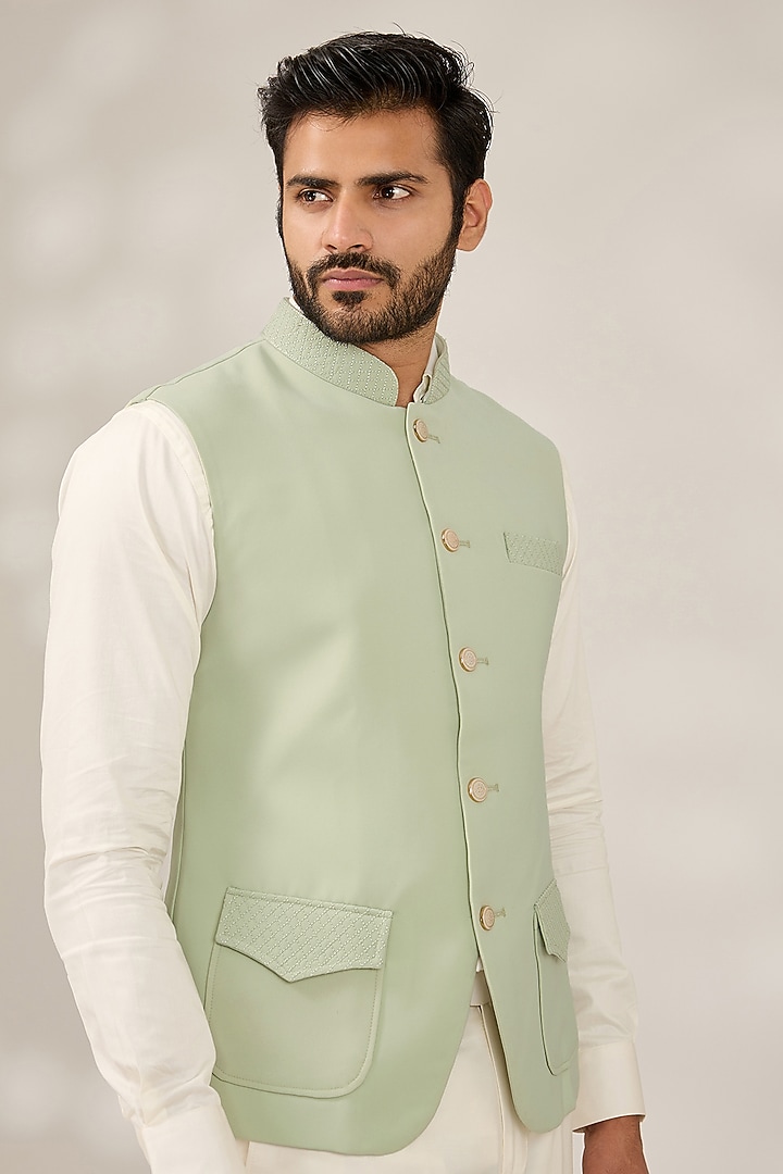 Pista Green Terry Silk Nehru Jacket Set by RNG Safawala Men at Pernia's Pop Up Shop