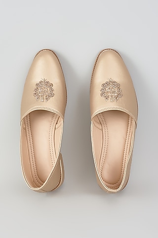 Muted Golden Artificial Leather Zari Embroidered Juttis by RNG Safawala Men