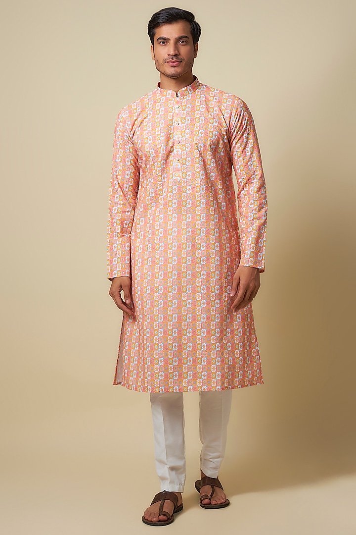 Orange Cotton Silk Geometric Printed Kurta Set by RNG Safawala Men at Pernia's Pop Up Shop