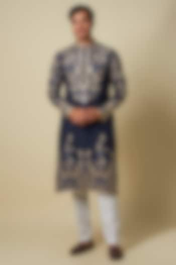 Blue Muslin Silk Floral Resham Embroidered Kurta Set by RNG Safawala Men