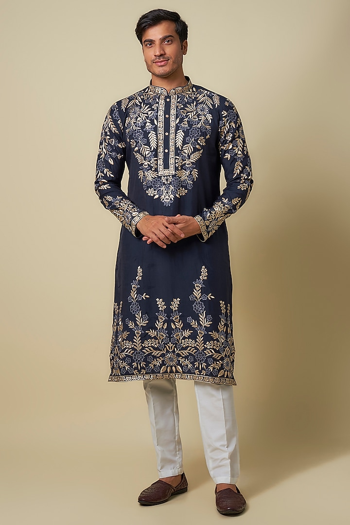 Blue Muslin Silk Floral Resham Embroidered Kurta Set by RNG Safawala Men