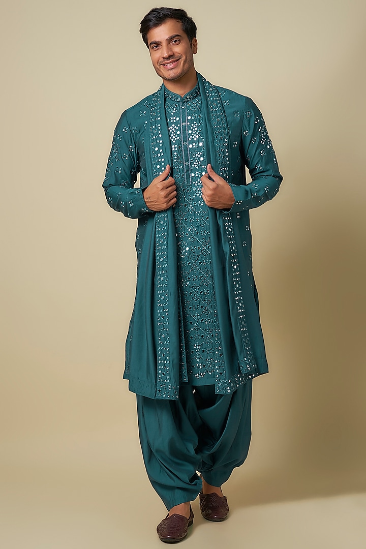 Royal Blue Muslin Silk Embroidered Kurta Set by RNG Safawala Men