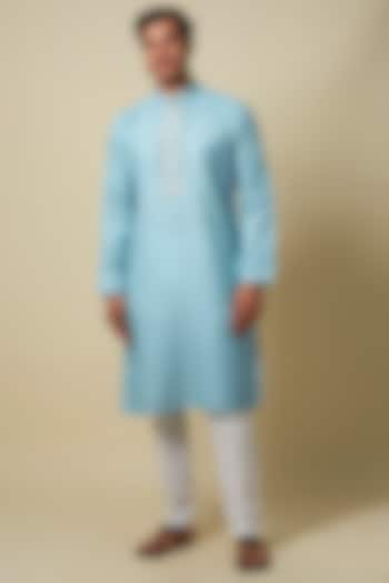 Blue Linen Resham Embroidered Kurta Set by RNG Safawala Men at Pernia's Pop Up Shop