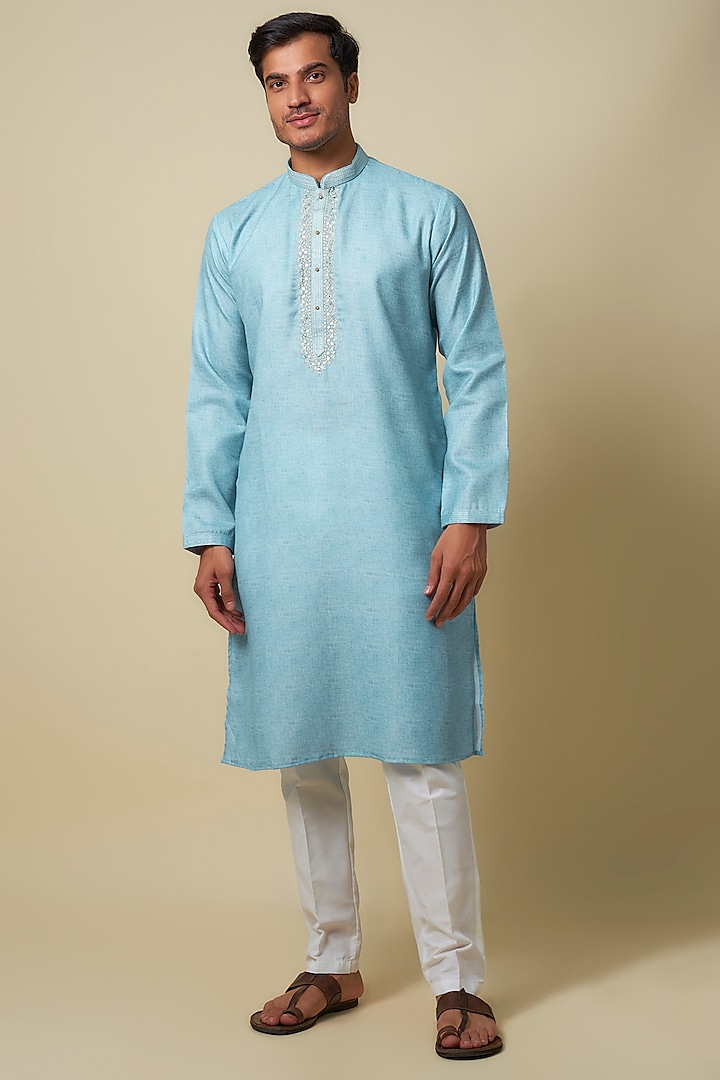 Blue Linen Resham Embroidered Kurta Set by RNG Safawala Men at Pernia's Pop Up Shop